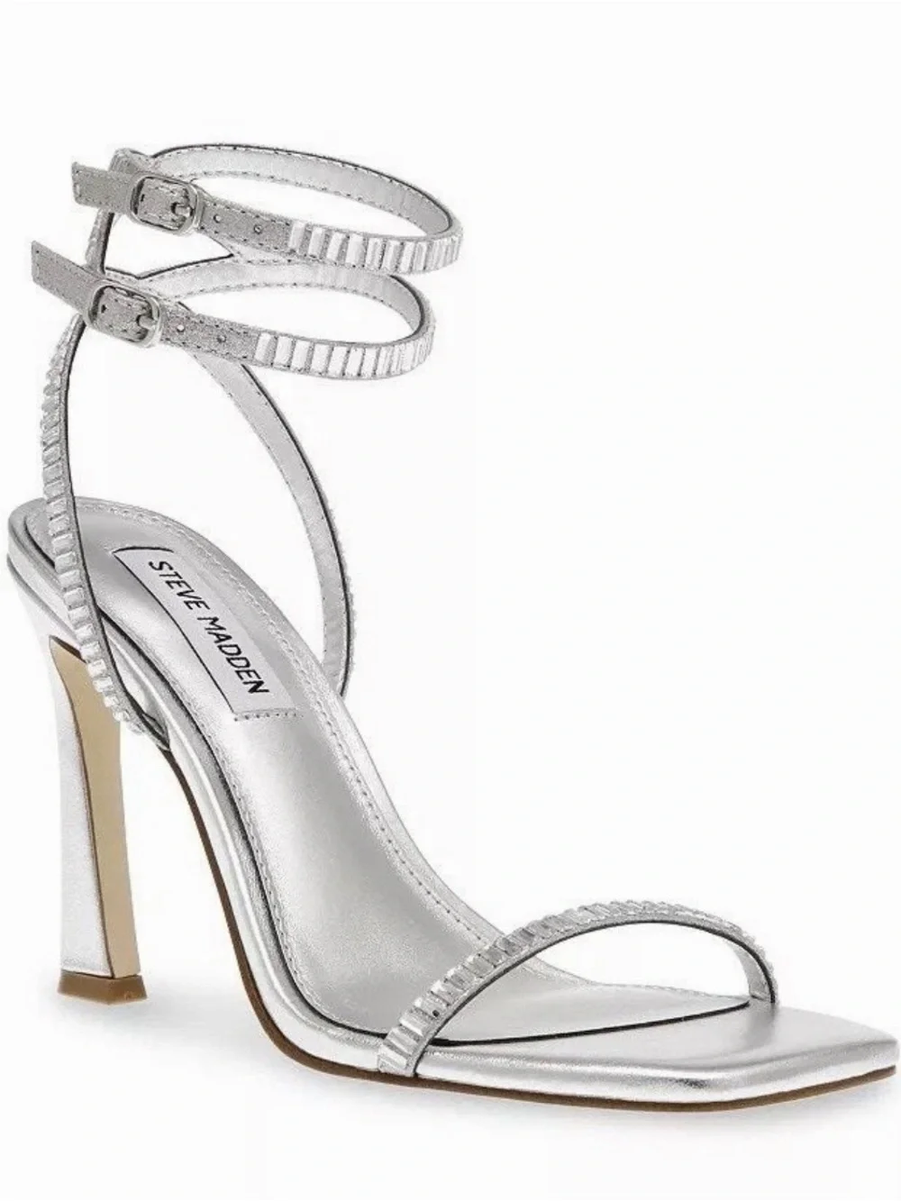 Steve Madden Thierry Silver Rhinestone Crystal Strappy Ankle Wrap Stiletto Heels